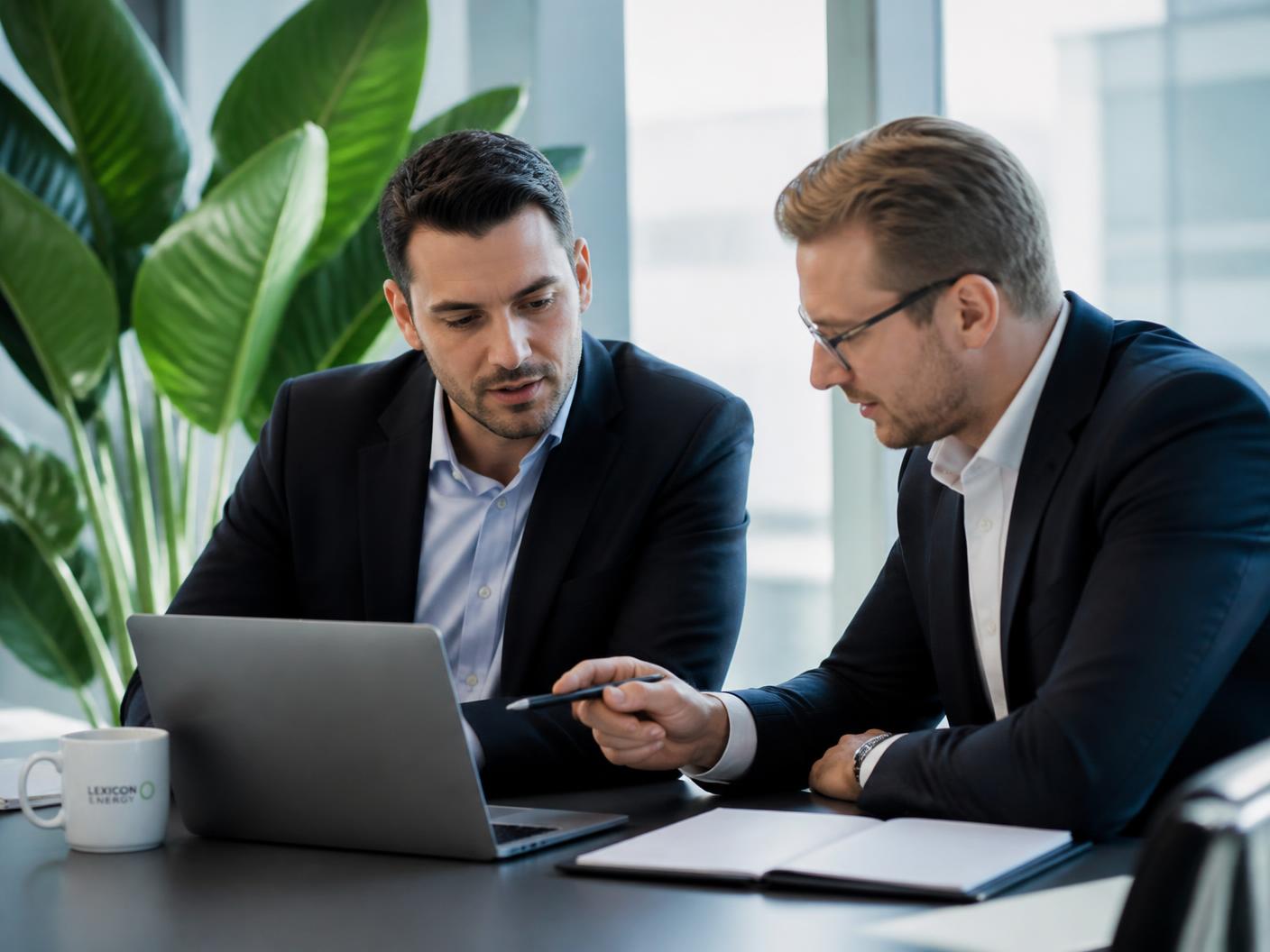 Two JSR energy consultants reviewing a commercial electricity contract on a laptop